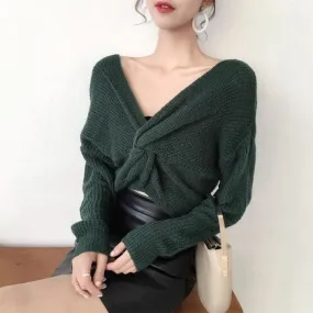 Front Bow Knot Knit Long Sleeve Sweater