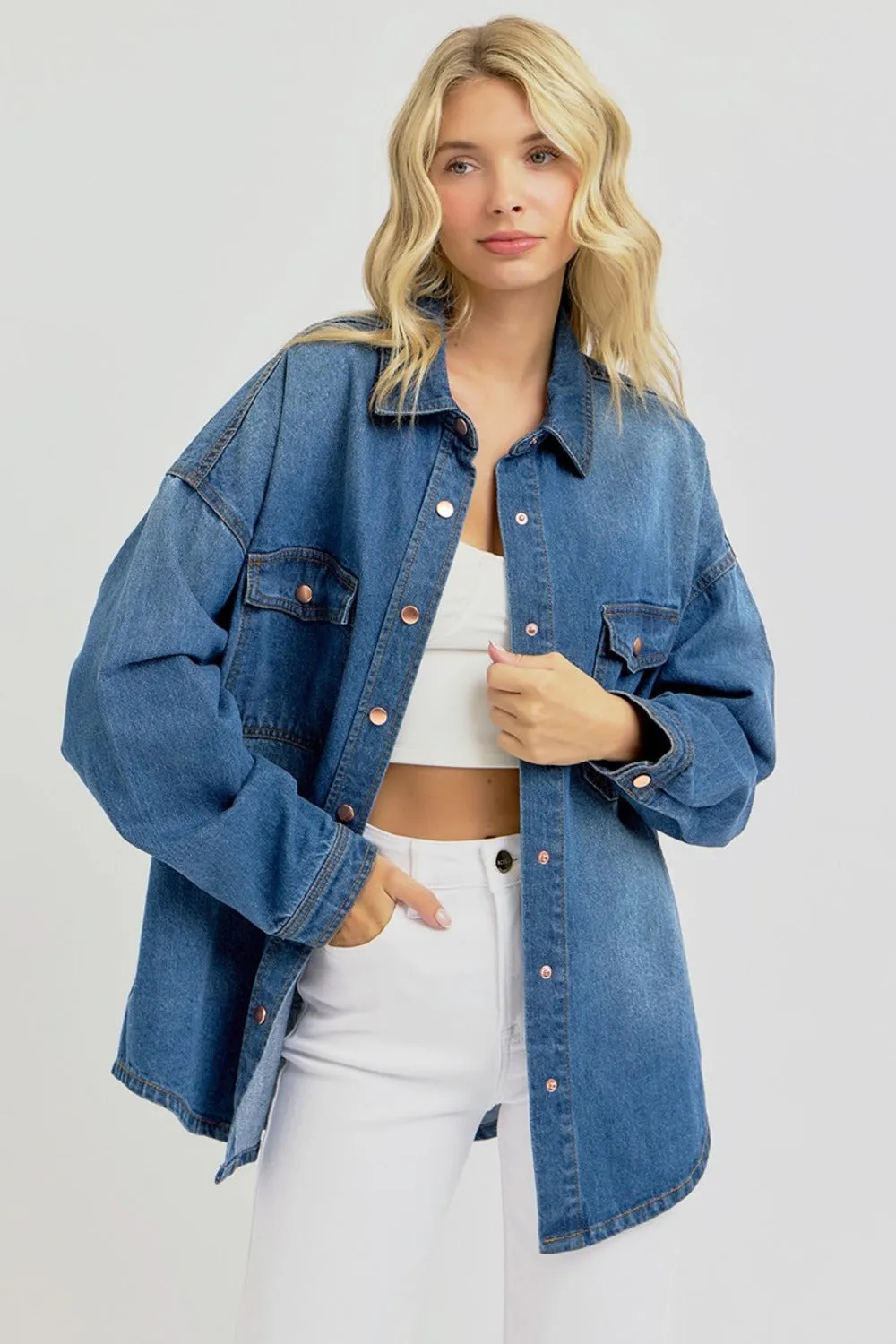 Full Size Snap Button Denim Shacket – Long Sleeve Layering Jacket by Fashion M&J