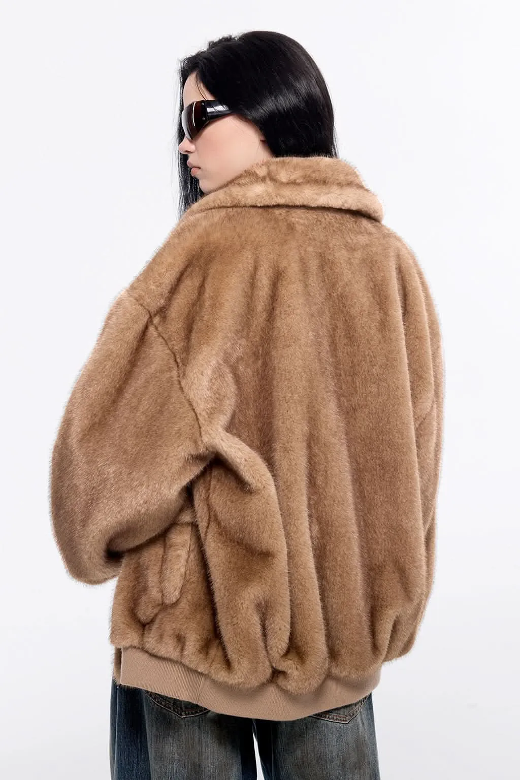 Funnel Neck Faux Fur Coat