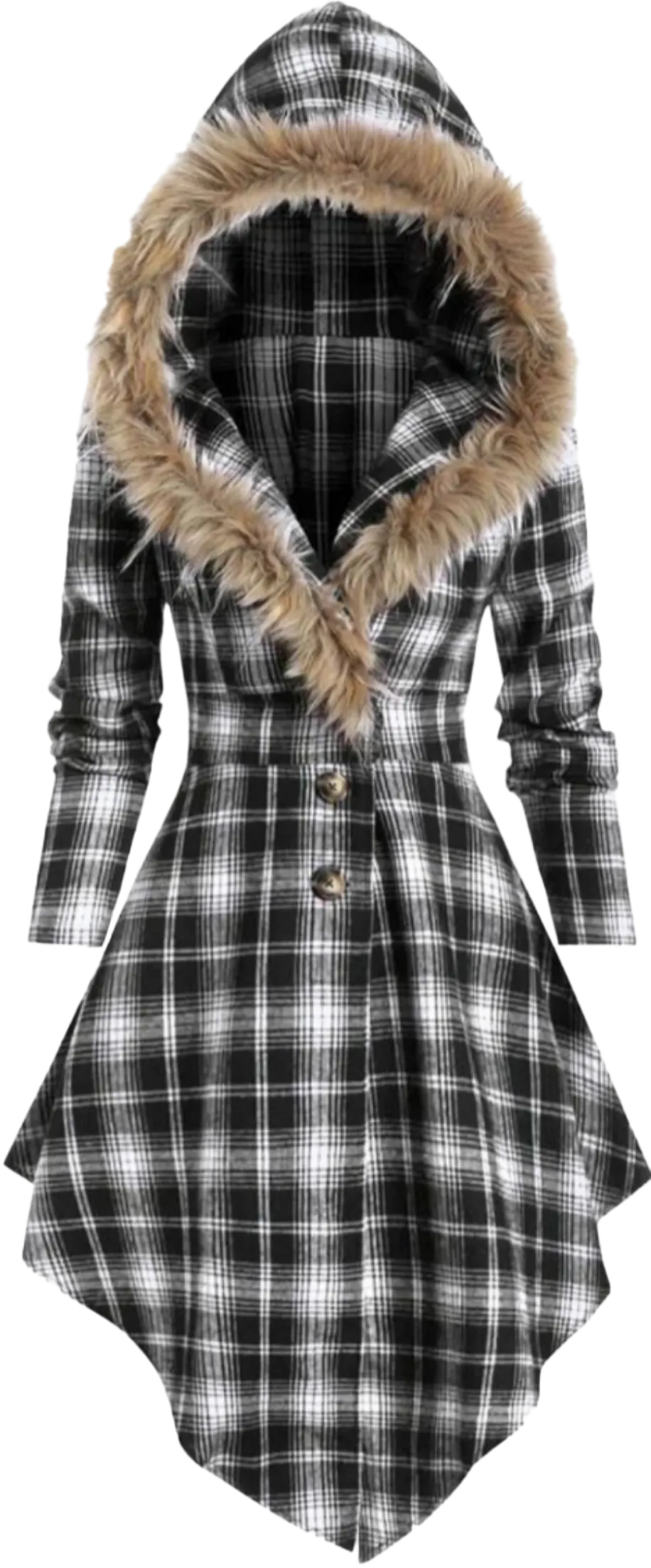 Fur collar hooded slim plaid back mid-length jacket