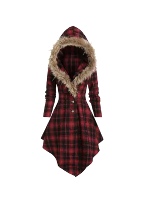 Fur collar hooded slim plaid back mid-length jacket