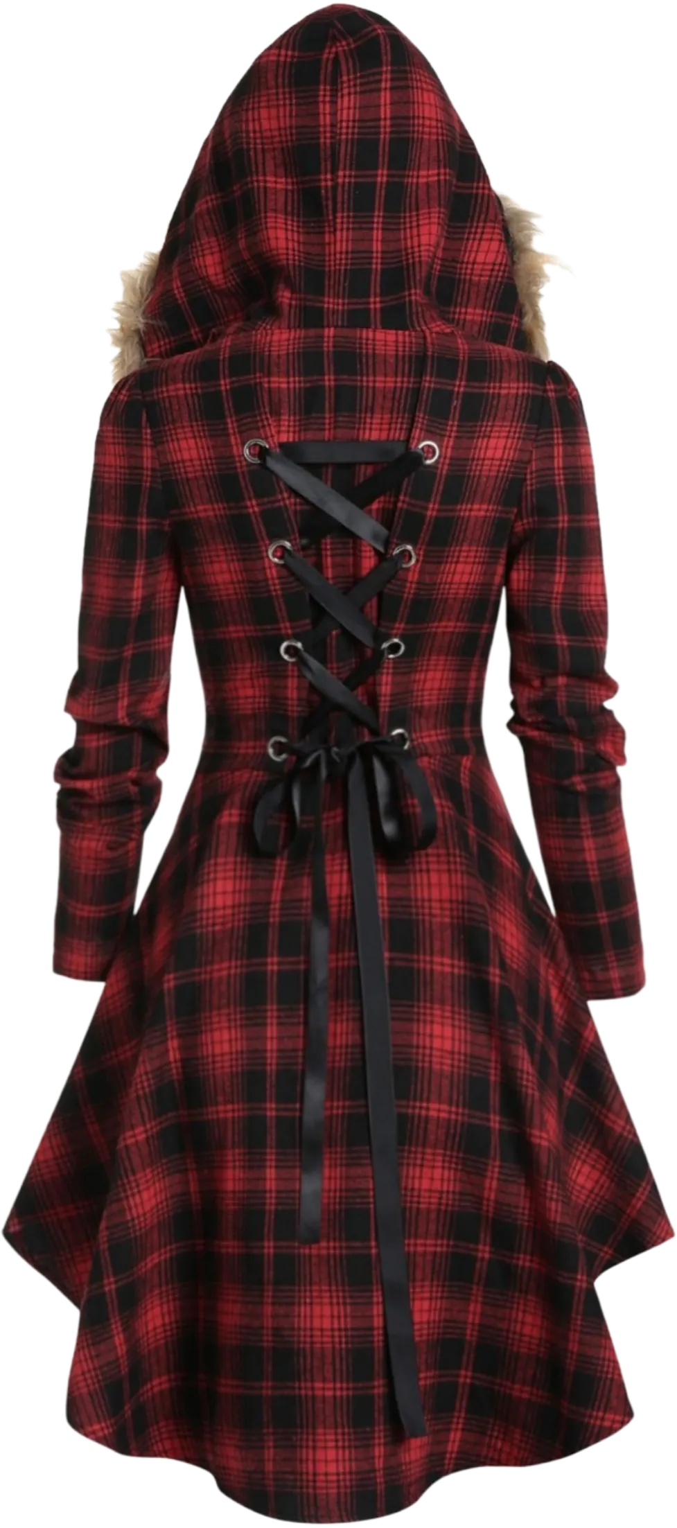 Fur collar hooded slim plaid back mid-length jacket