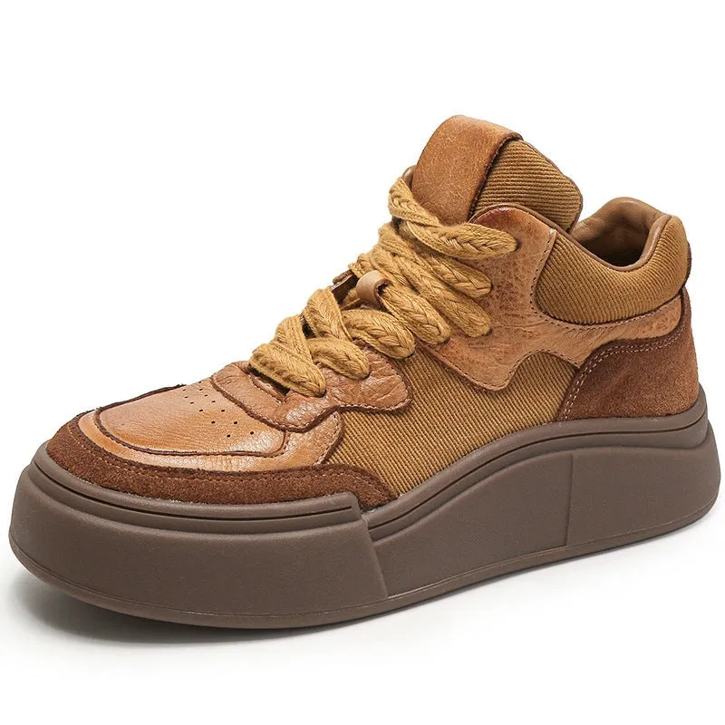 Genuine Leather High-top 35mm Platform Sneakers for Women in Yellow/Blue/Brown