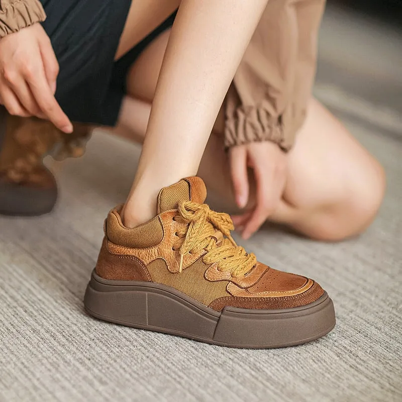 Genuine Leather High-top 35mm Platform Sneakers for Women in Yellow/Blue/Brown