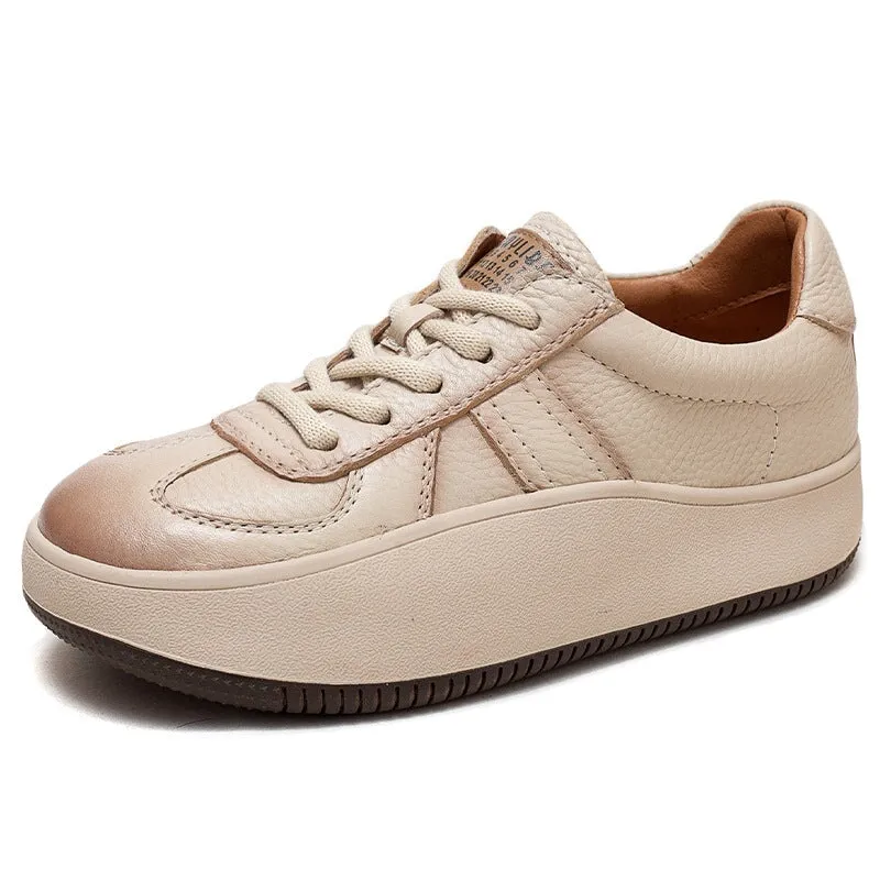 Genuine Leather Low-top 40mm Platform Sneakers for Women Lace Up in Red/Beige