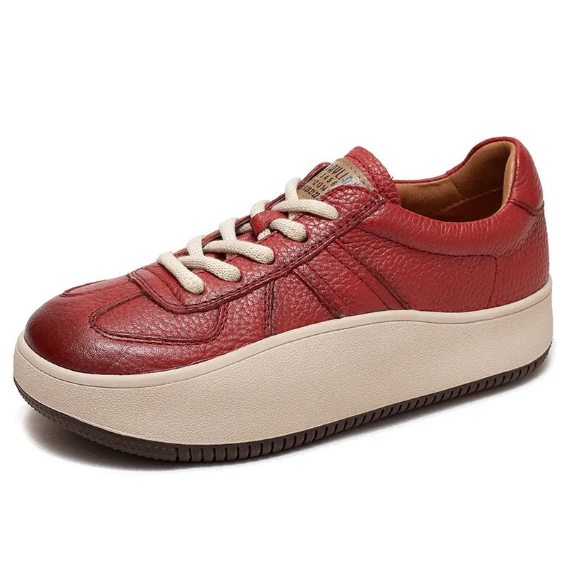 Genuine Leather Low-top 40mm Platform Sneakers for Women Lace Up in Red/Beige