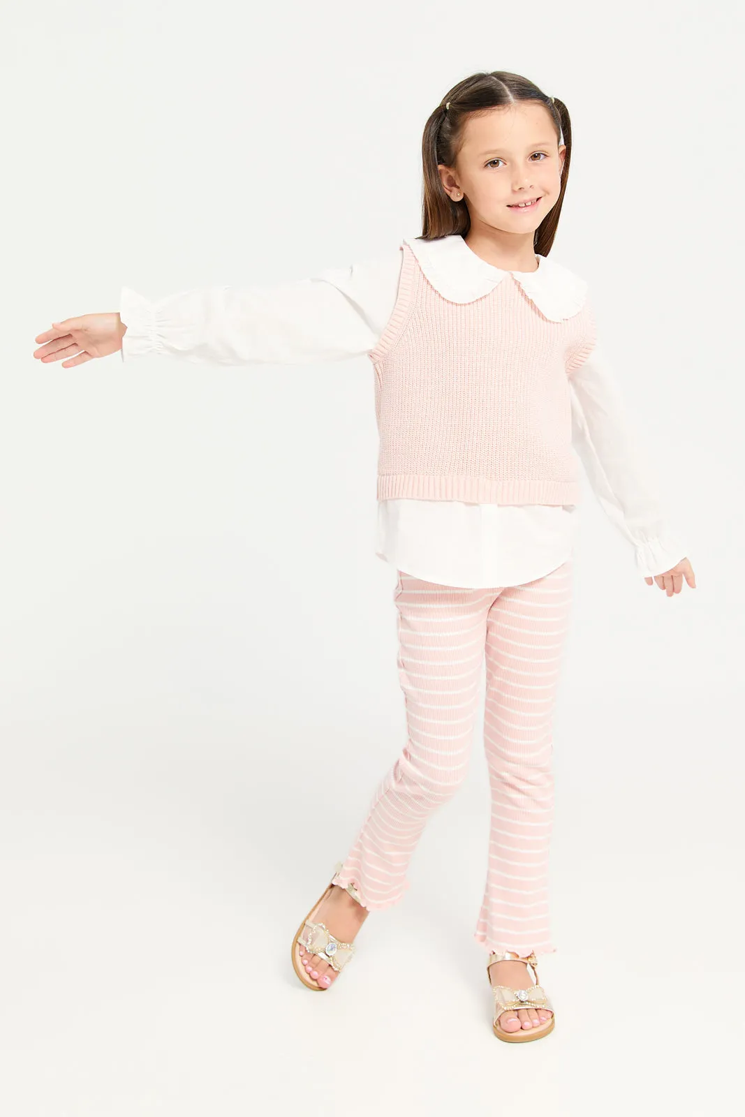 Girls Pink And White Pullover With Shirt