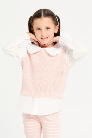 Girls Pink And White Pullover With Shirt