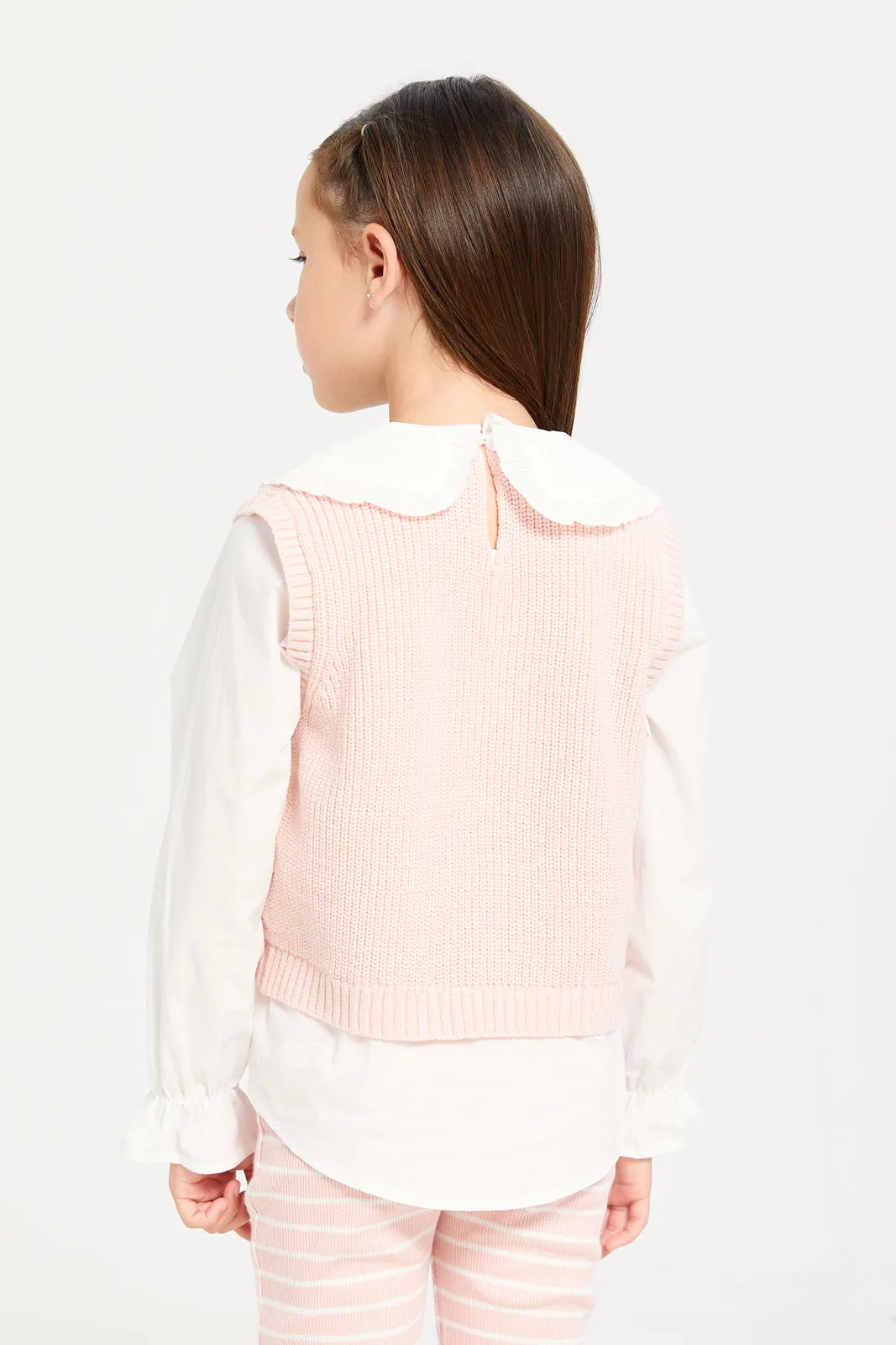 Girls Pink And White Pullover With Shirt