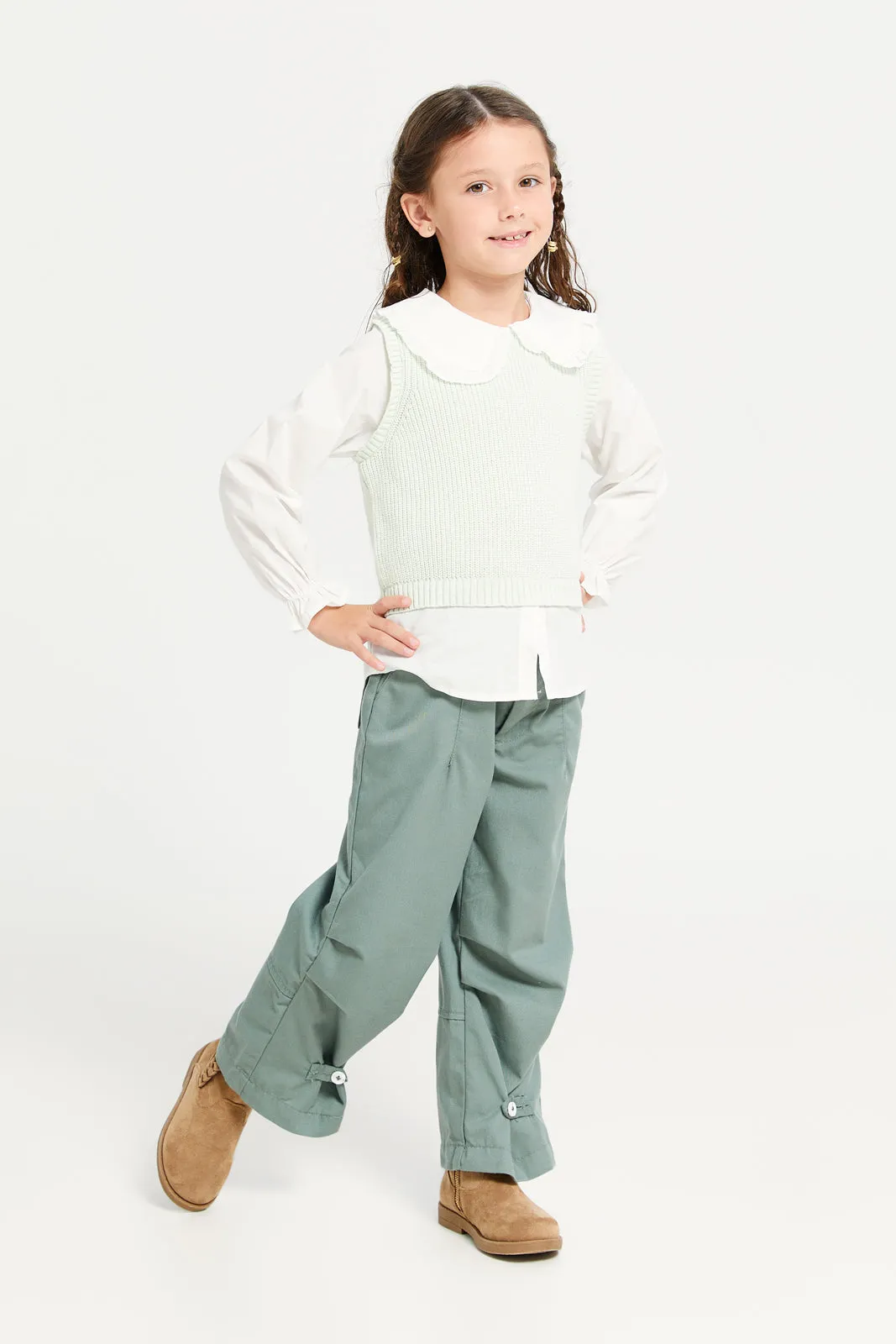 Girls White Pullover With Woven Mock Shirt