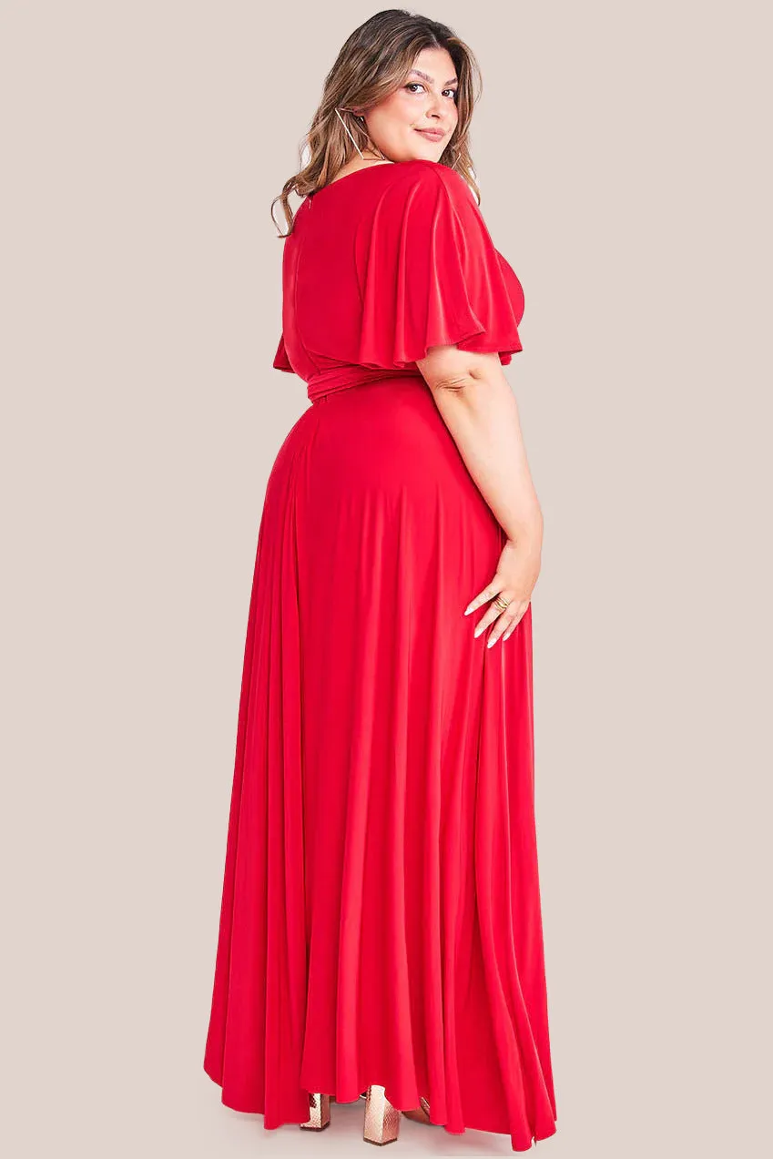 Goddiva Plus Wrap Front Maxi With Flutter Sleeves - Red