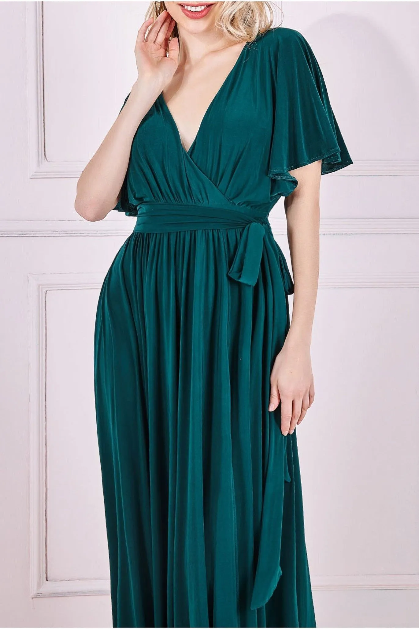 Goddiva Wrap Front Maxi With Flutter Sleeves - Emerald Green