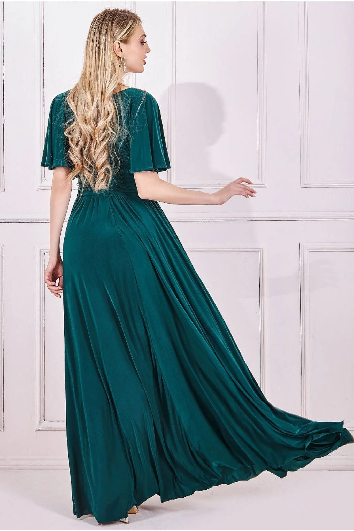 Goddiva Wrap Front Maxi With Flutter Sleeves - Emerald Green