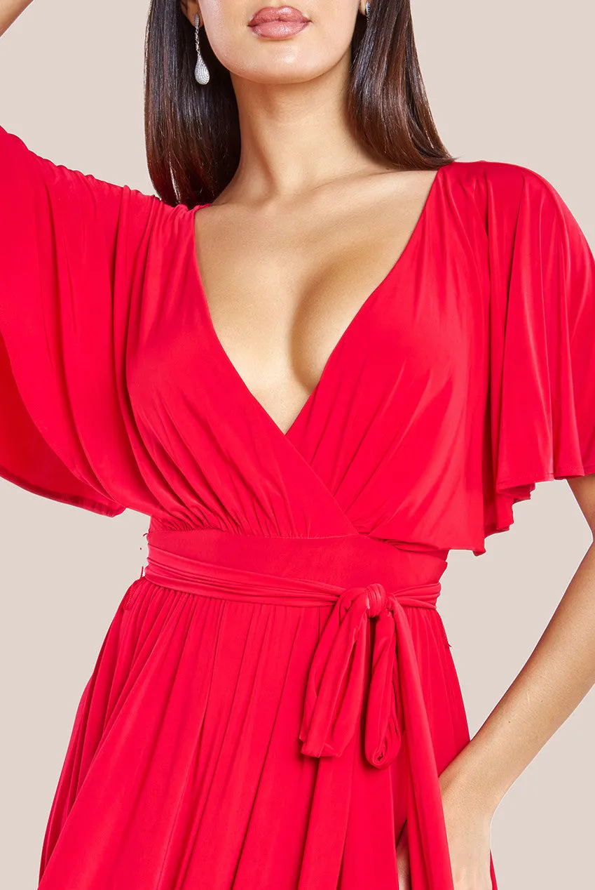 Goddiva Wrap Front Maxi With Flutter Sleeves - Red