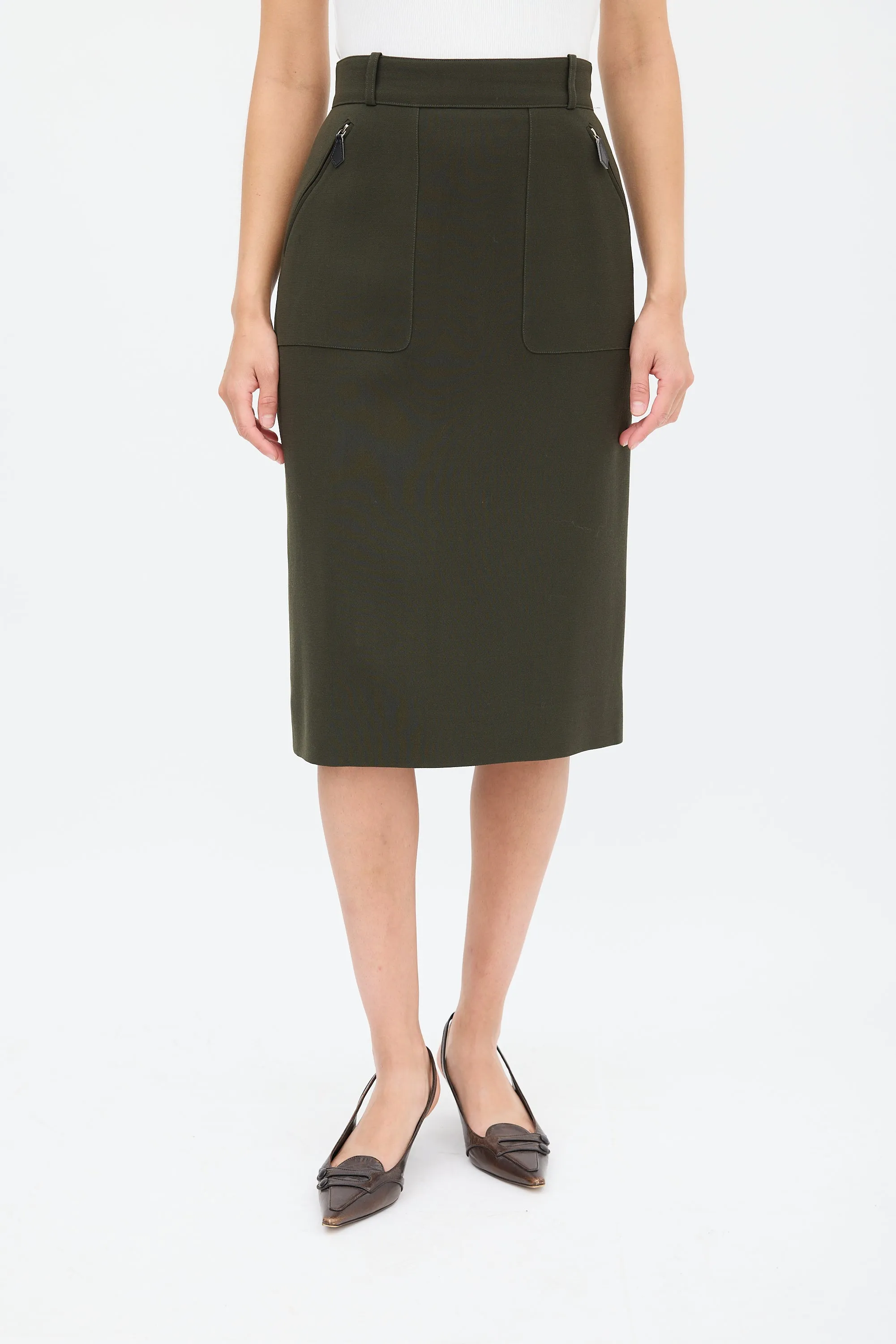 Green Wool Two Pocket Pencil Skirt