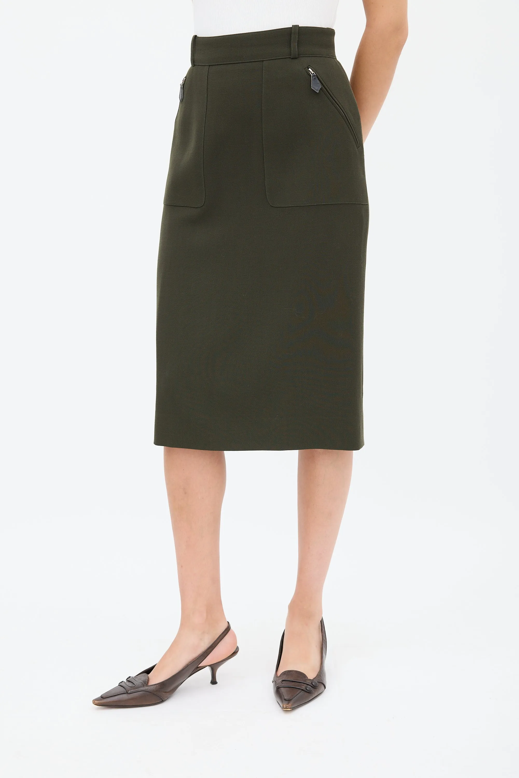 Green Wool Two Pocket Pencil Skirt