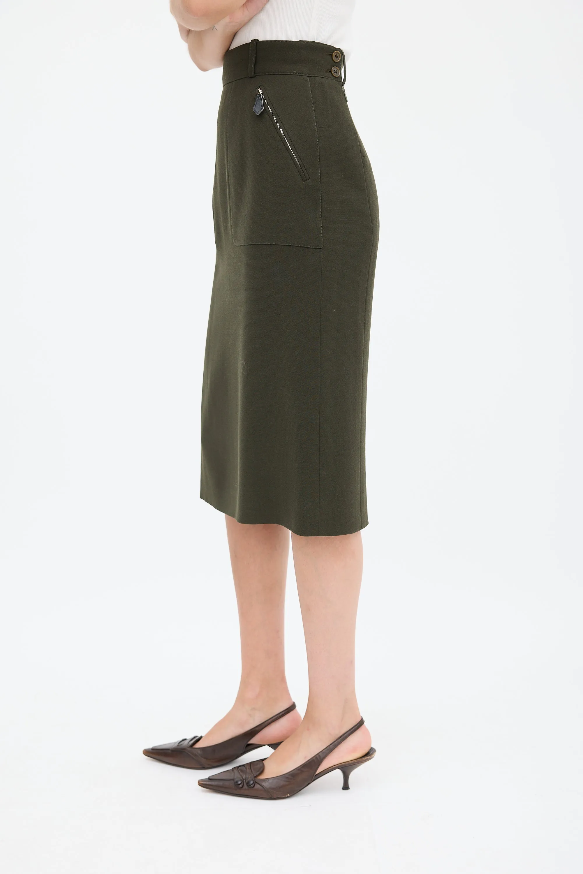 Green Wool Two Pocket Pencil Skirt