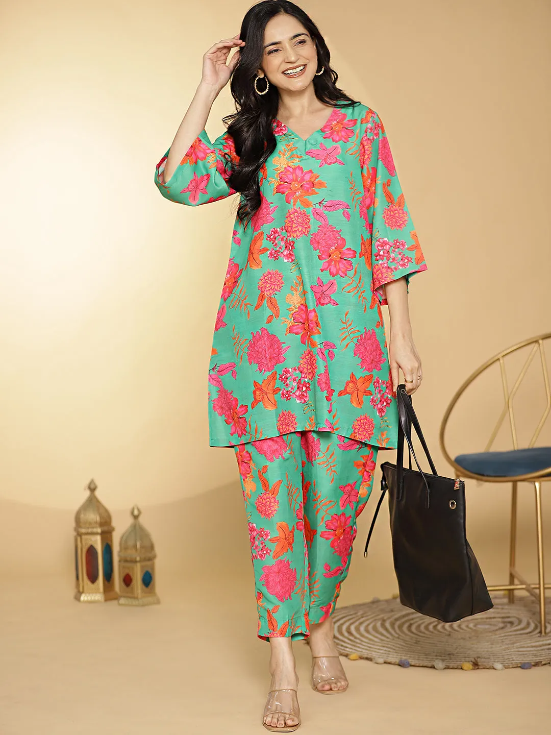 GreenFloral Muslin Printed ShortKurti