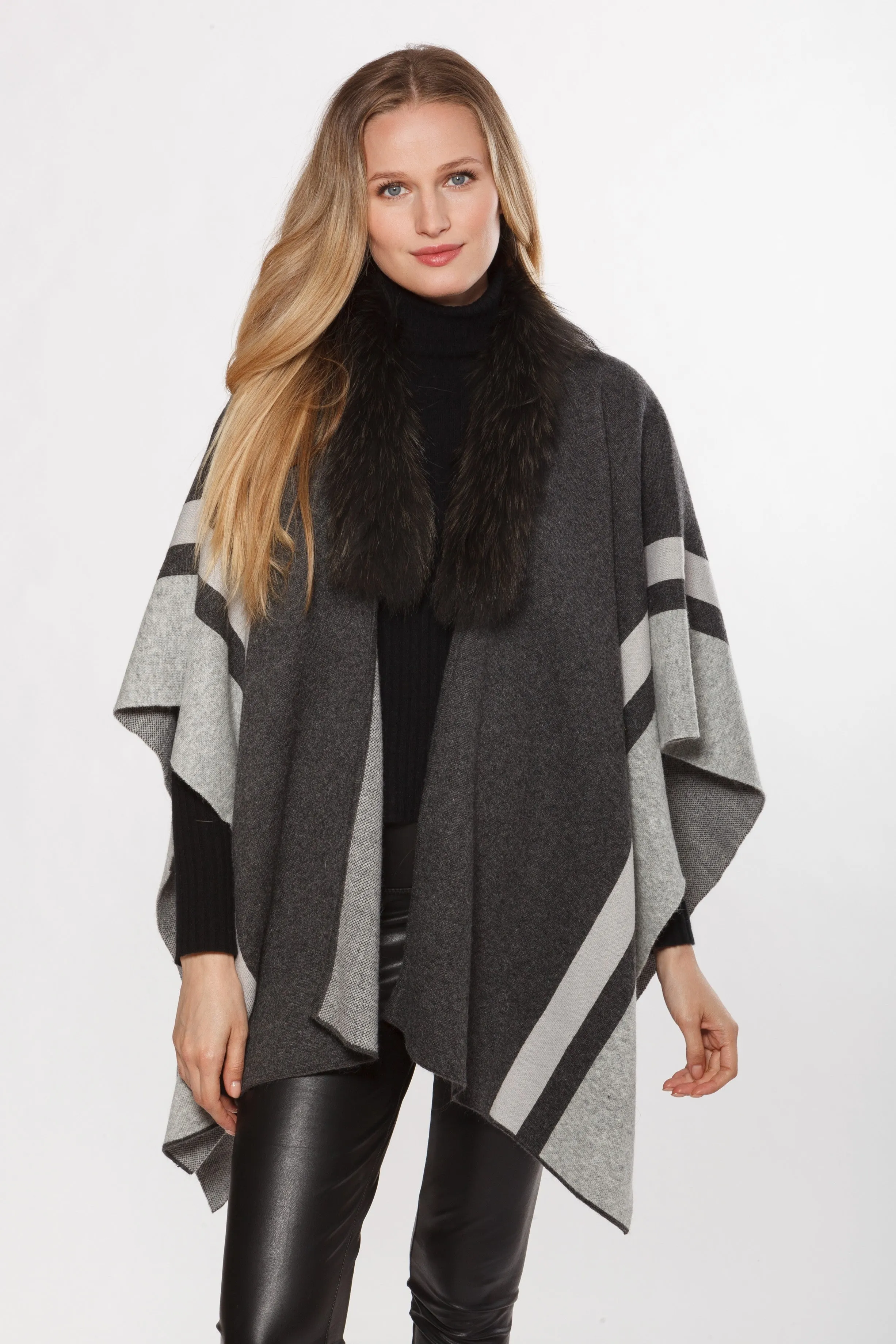 Grey Knit Fur-Trimmed Cape