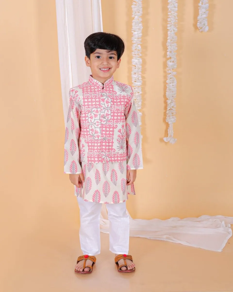 Gulaal Boys Floral Print Jacket And Kurta Pajama Set