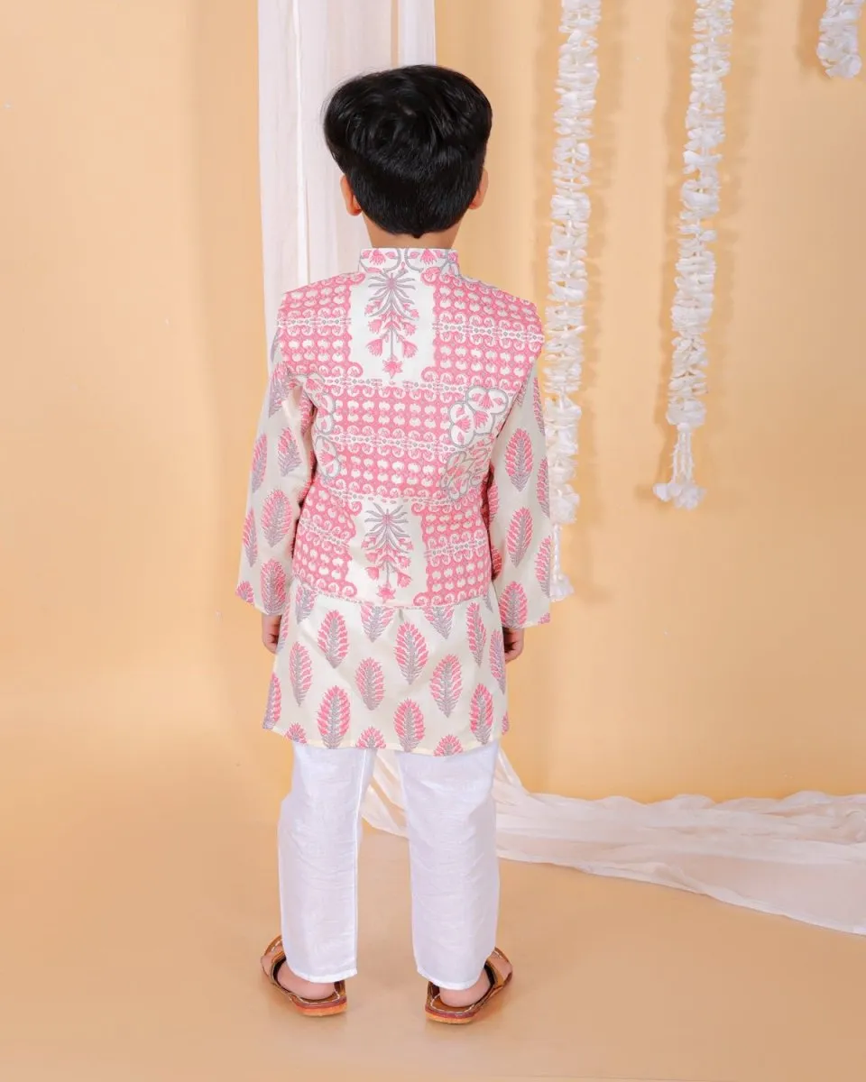 Gulaal Boys Floral Print Jacket And Kurta Pajama Set