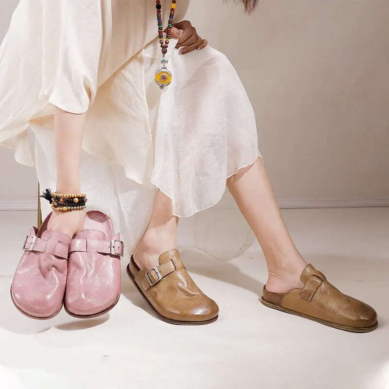 Handmade Leather Slippers with Buckle in Pink/Khaki