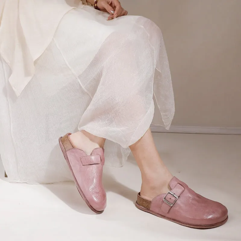 Handmade Leather Slippers with Buckle in Pink/Khaki