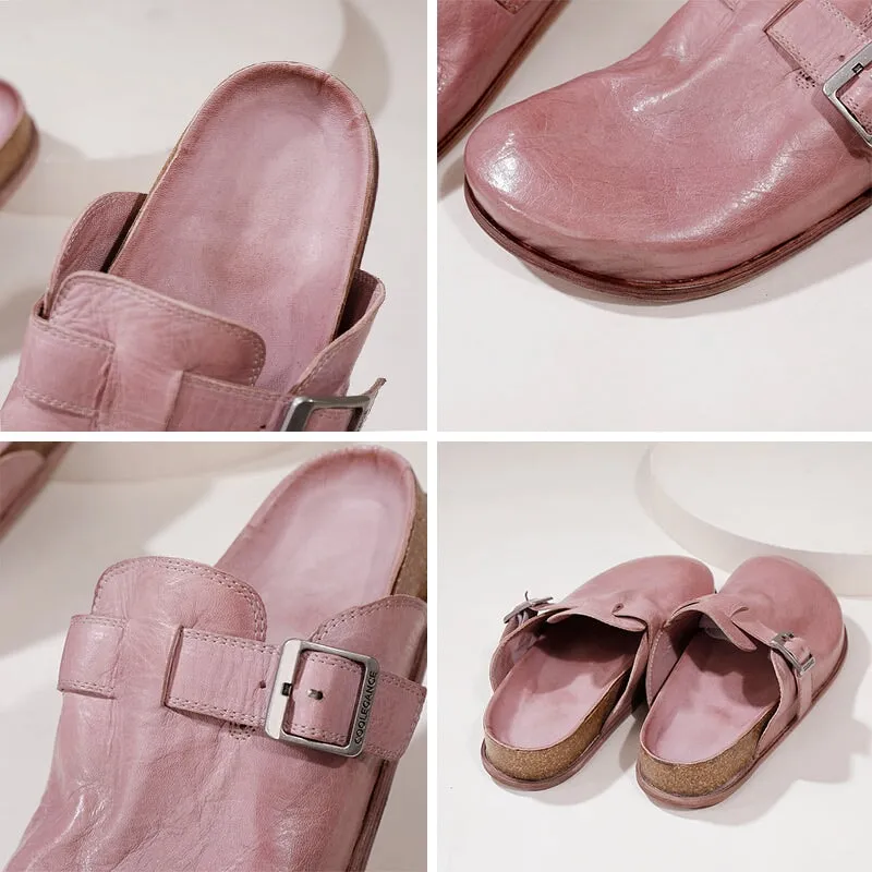 Handmade Leather Slippers with Buckle in Pink/Khaki