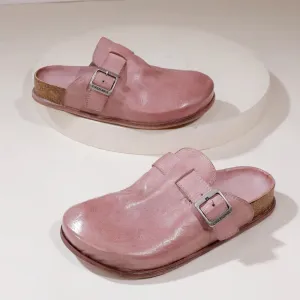 Handmade Leather Slippers with Buckle in Pink/Khaki