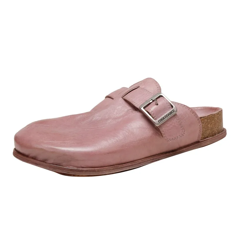 Handmade Leather Slippers with Buckle in Pink/Khaki