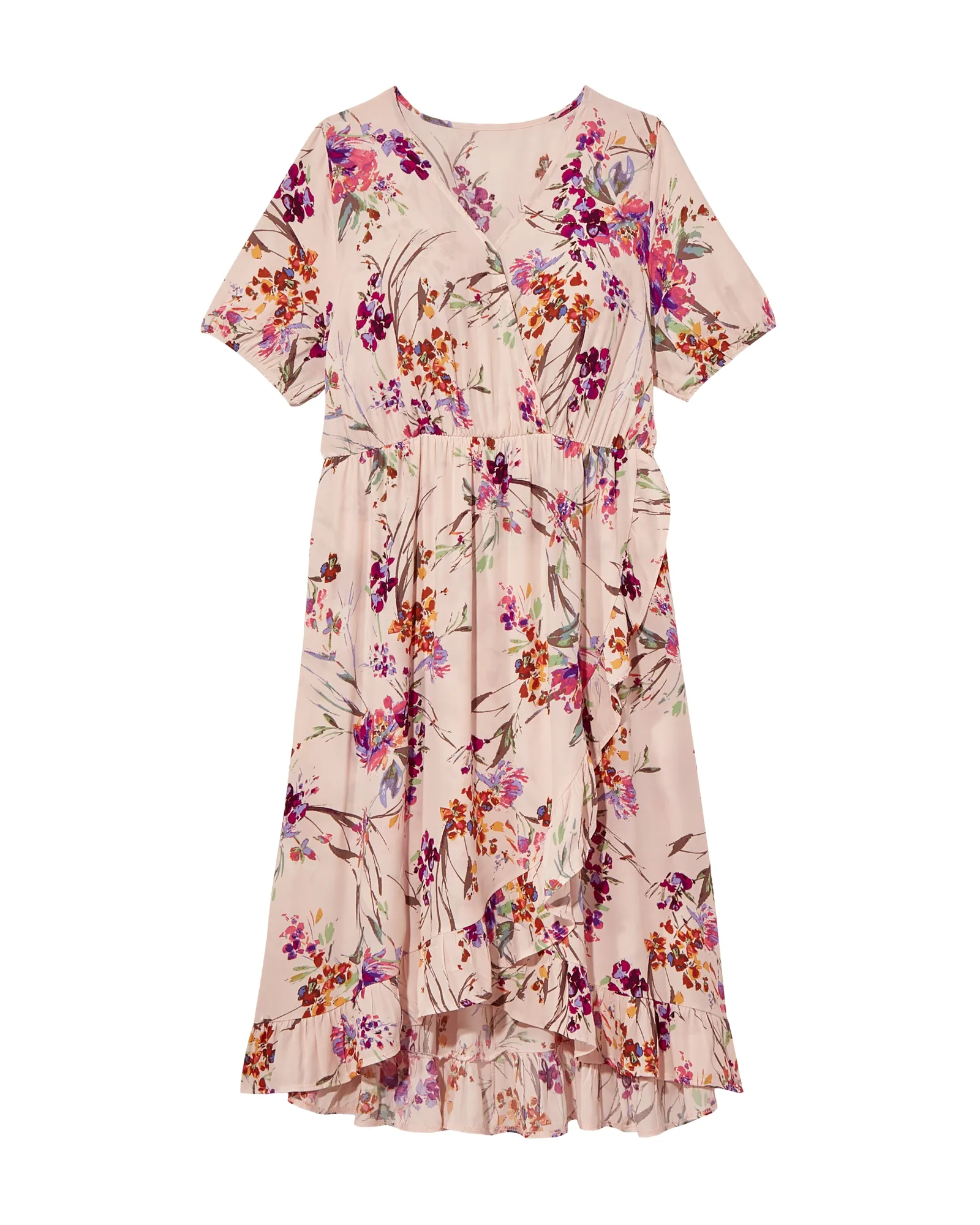 Henderson Short Sleeve Ruffle Detail Faux Wrap Dress | Pink / Purple