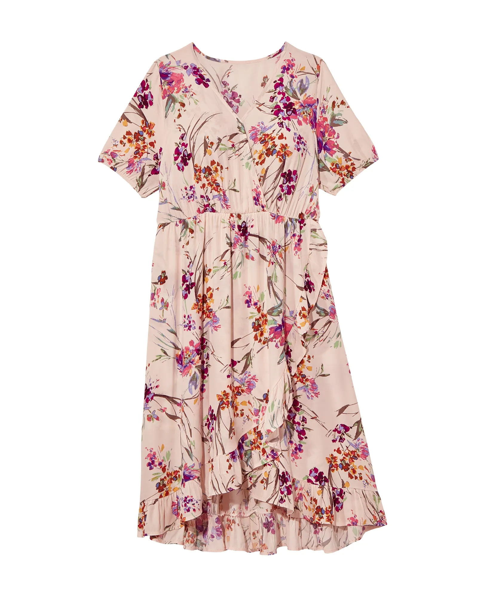 Henderson Short Sleeve Ruffle Detail Faux Wrap Dress | Pink / Purple