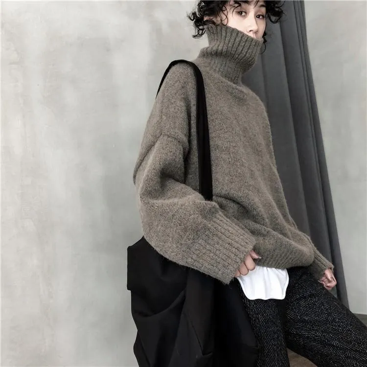 High Neck Ribbed Oversize Gray Brown Wool Sweater