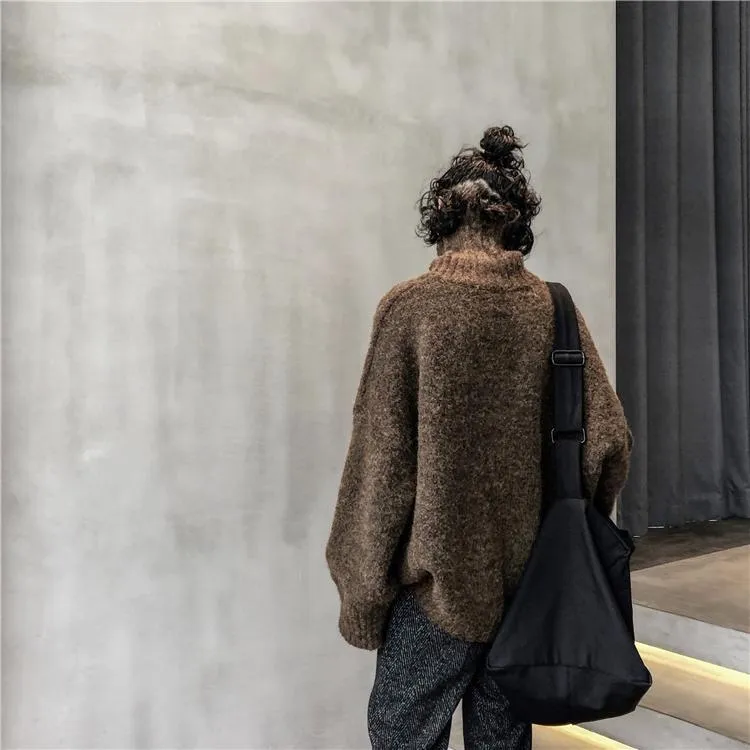 High Neck Ribbed Oversize Gray Brown Wool Sweater