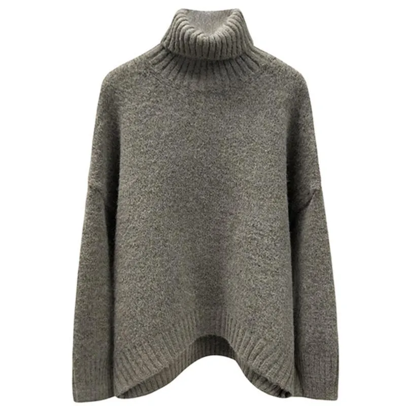 High Neck Ribbed Oversize Gray Brown Wool Sweater