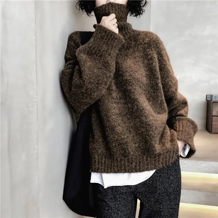 High Neck Ribbed Oversize Gray Brown Wool Sweater