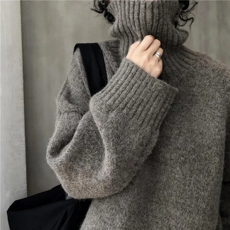 High Neck Ribbed Oversize Gray Brown Wool Sweater