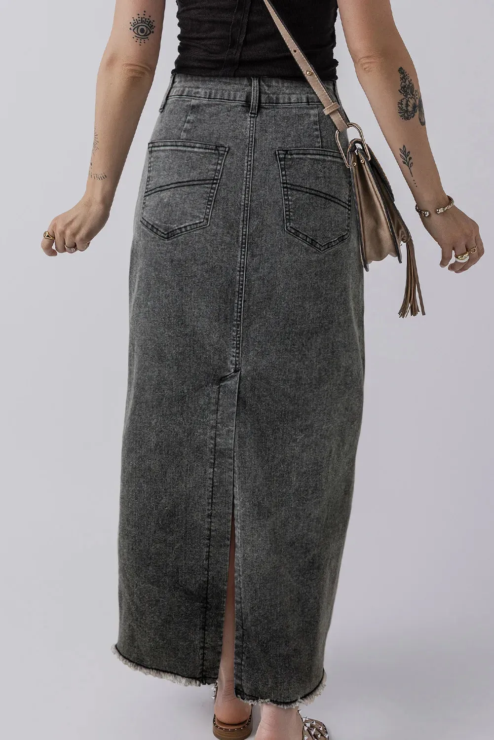 High-Rise Midi Retro 90s Acid Wash Black Denim Back Slit Frayed Raw Hem Jean Skirt