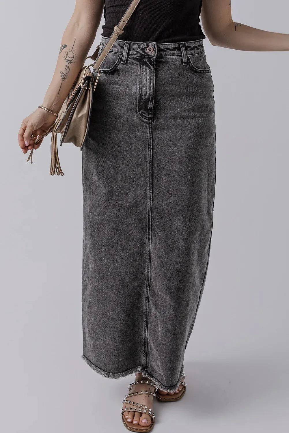 High-Rise Midi Retro 90s Acid Wash Black Denim Back Slit Frayed Raw Hem Jean Skirt