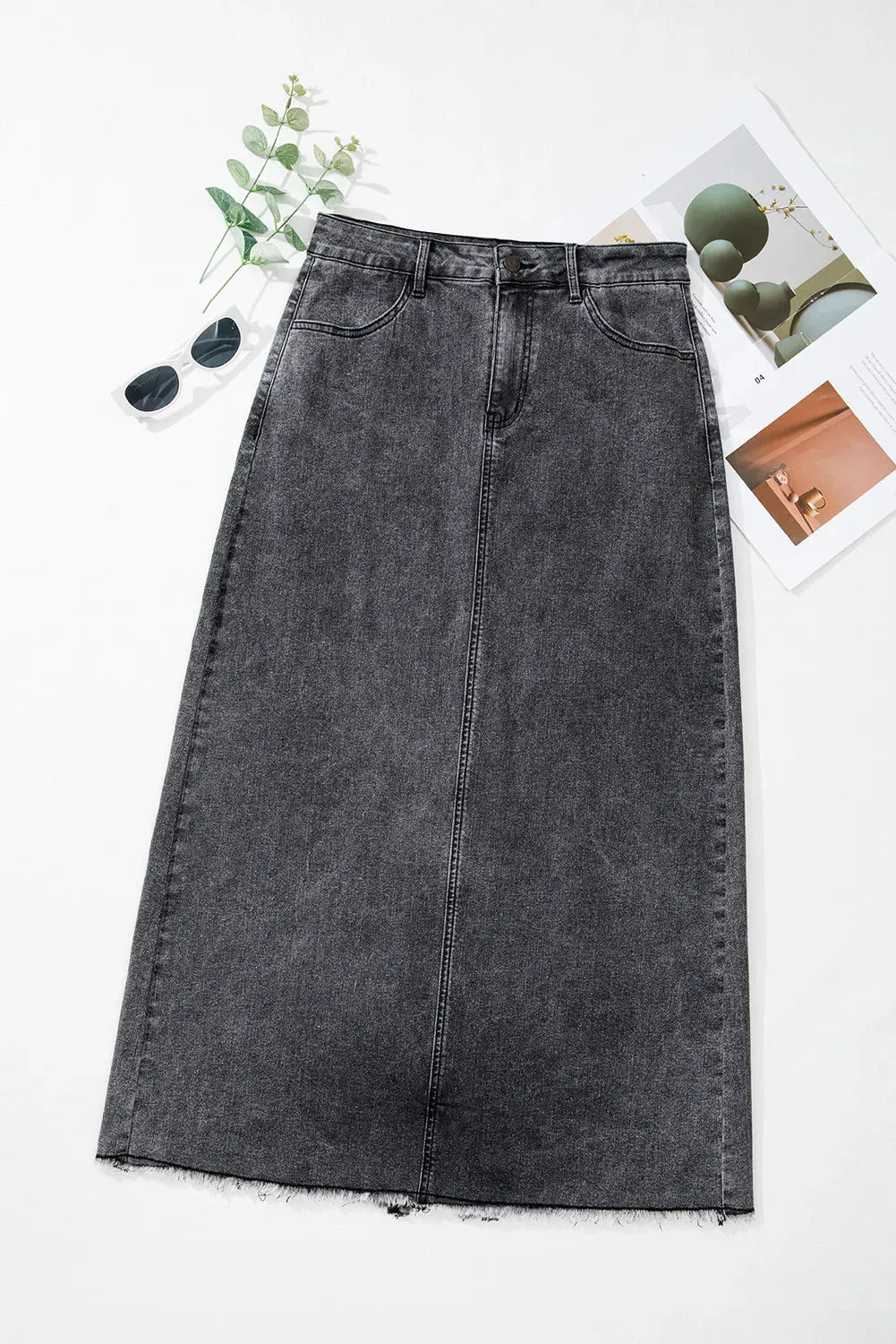 High-Rise Midi Retro 90s Acid Wash Black Denim Back Slit Frayed Raw Hem Jean Skirt