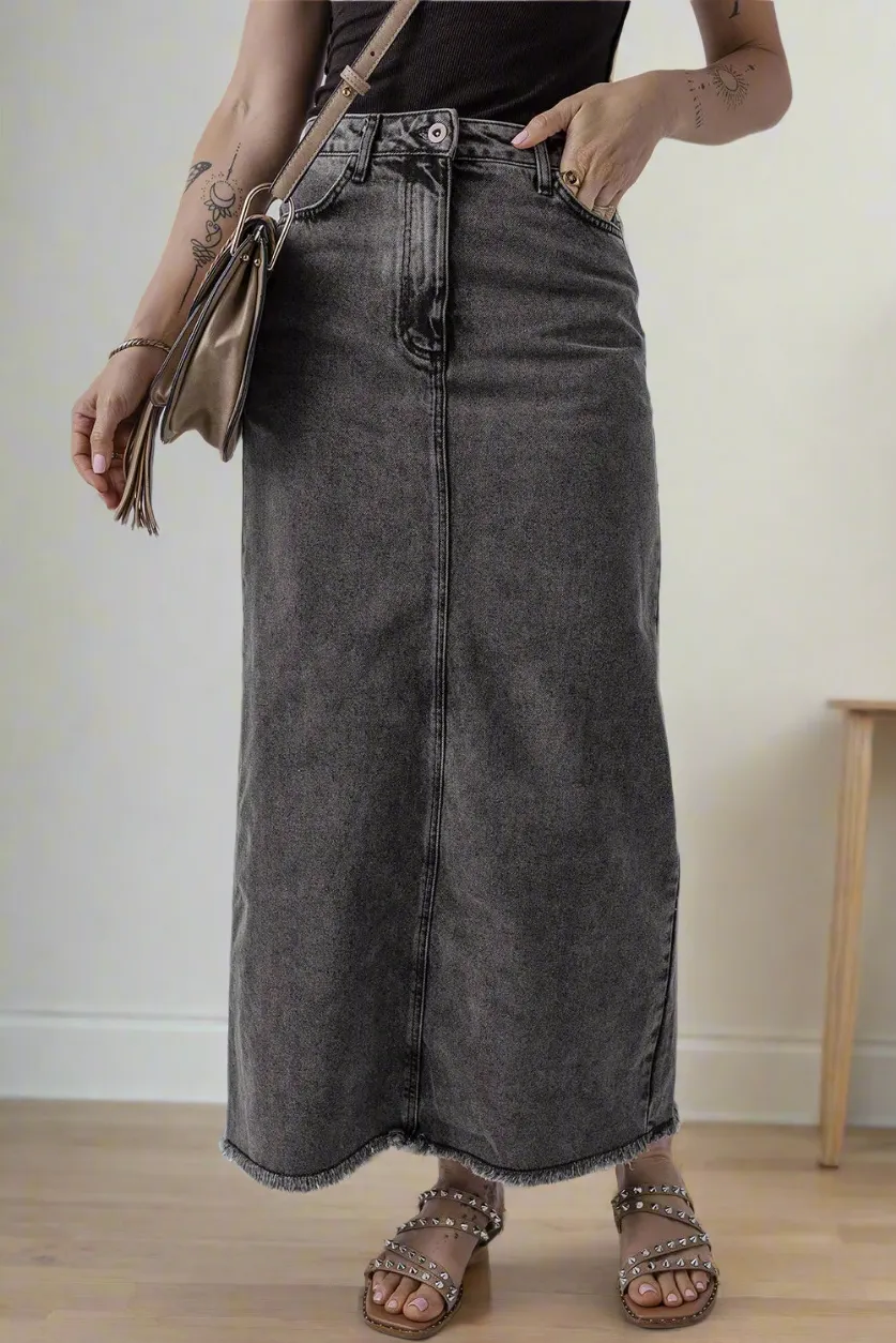 High-Rise Midi Retro 90s Acid Wash Black Denim Back Slit Frayed Raw Hem Jean Skirt