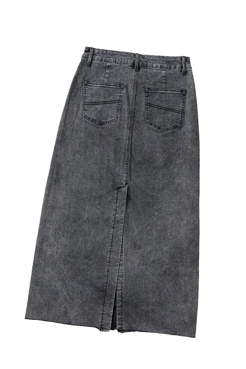 High-Rise Midi Retro 90s Acid Wash Black Denim Back Slit Frayed Raw Hem Jean Skirt