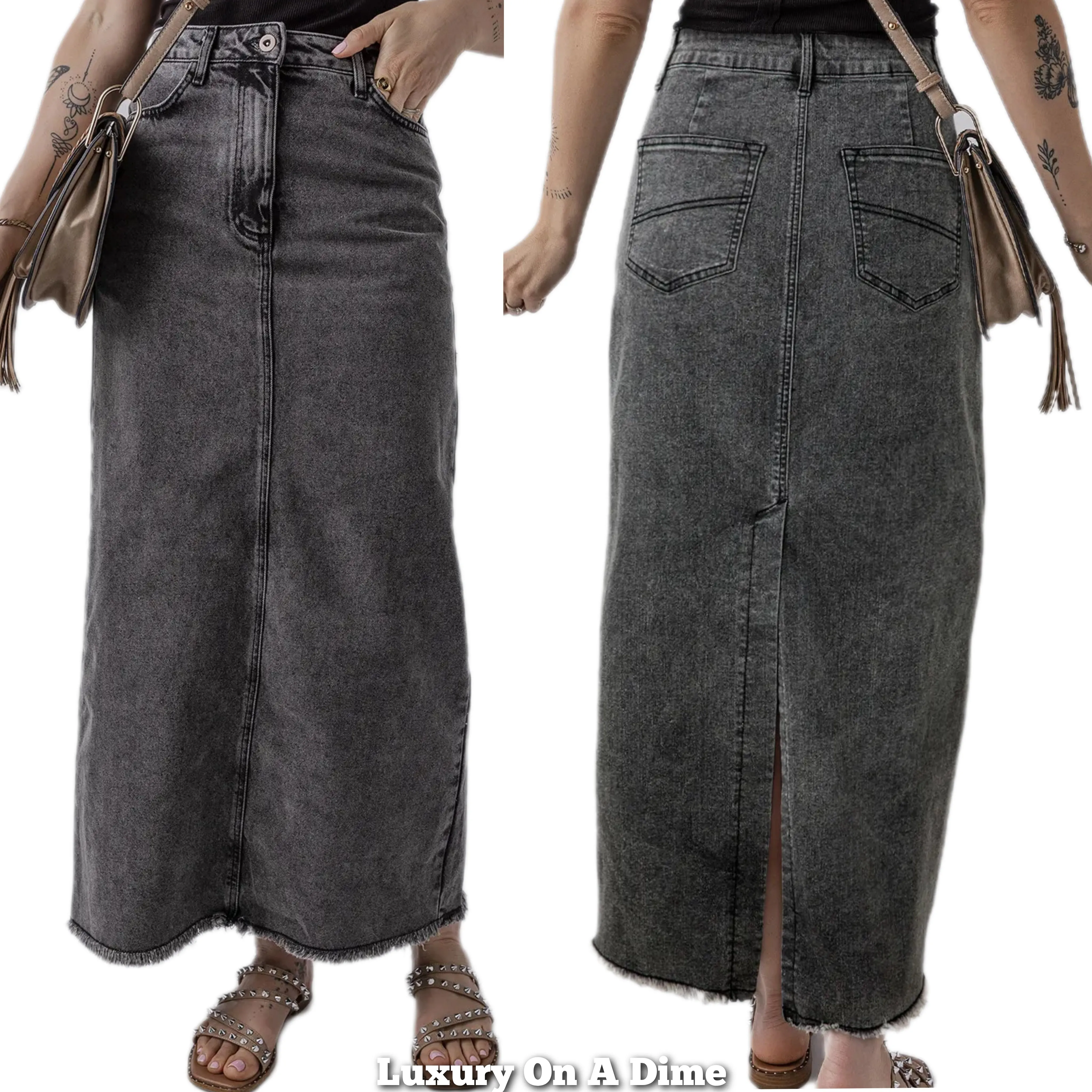 High-Rise Midi Retro 90s Acid Wash Black Denim Back Slit Frayed Raw Hem Jean Skirt