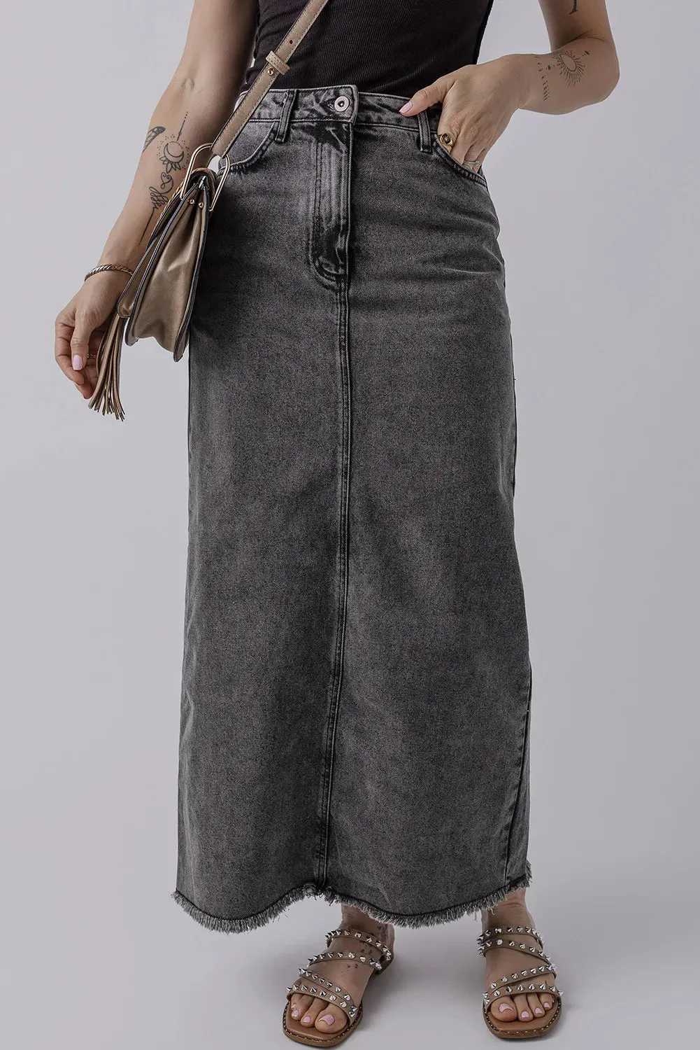 High-Rise Midi Retro 90s Acid Wash Black Denim Back Slit Frayed Raw Hem Jean Skirt