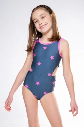 High Shine Cutout One Piece Swimsuit - Charcoal Pink Stars