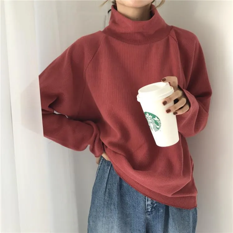 High Turtle Neck Loose Ribbed Sweater