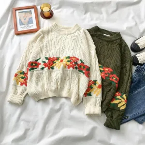 Holiday White Green Knit Braids Warm Sweater