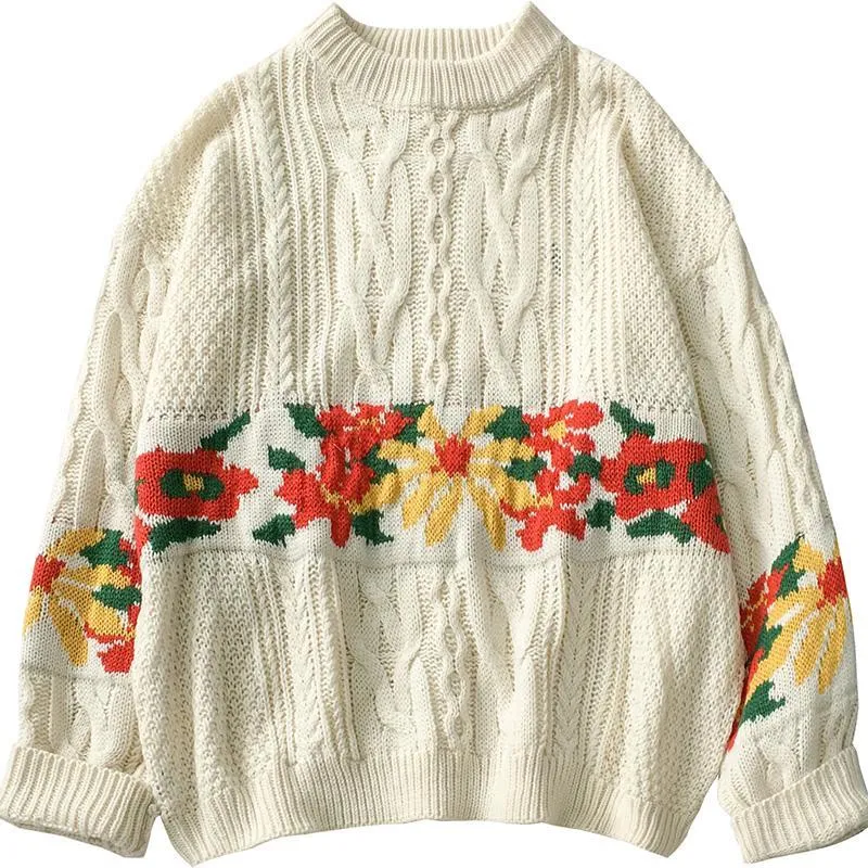 Holiday White Green Knit Braids Warm Sweater