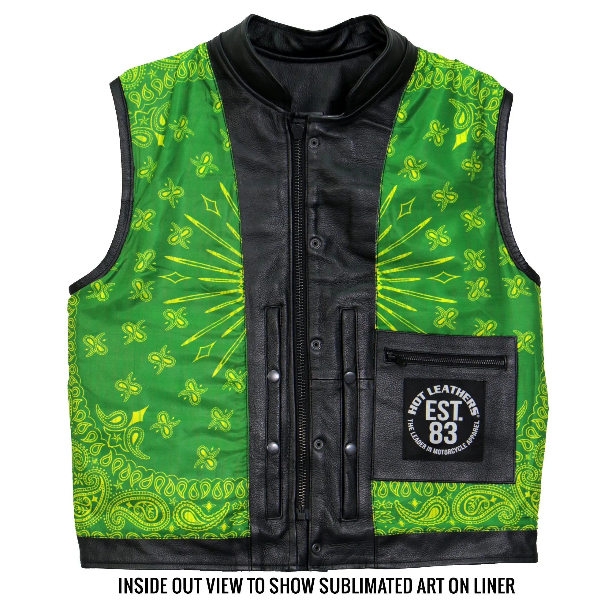 Hot Leathers VSM1050 Men’s Black 'Paisley Green' Motorcycle Club style Conceal and Carry Leather Biker Vest