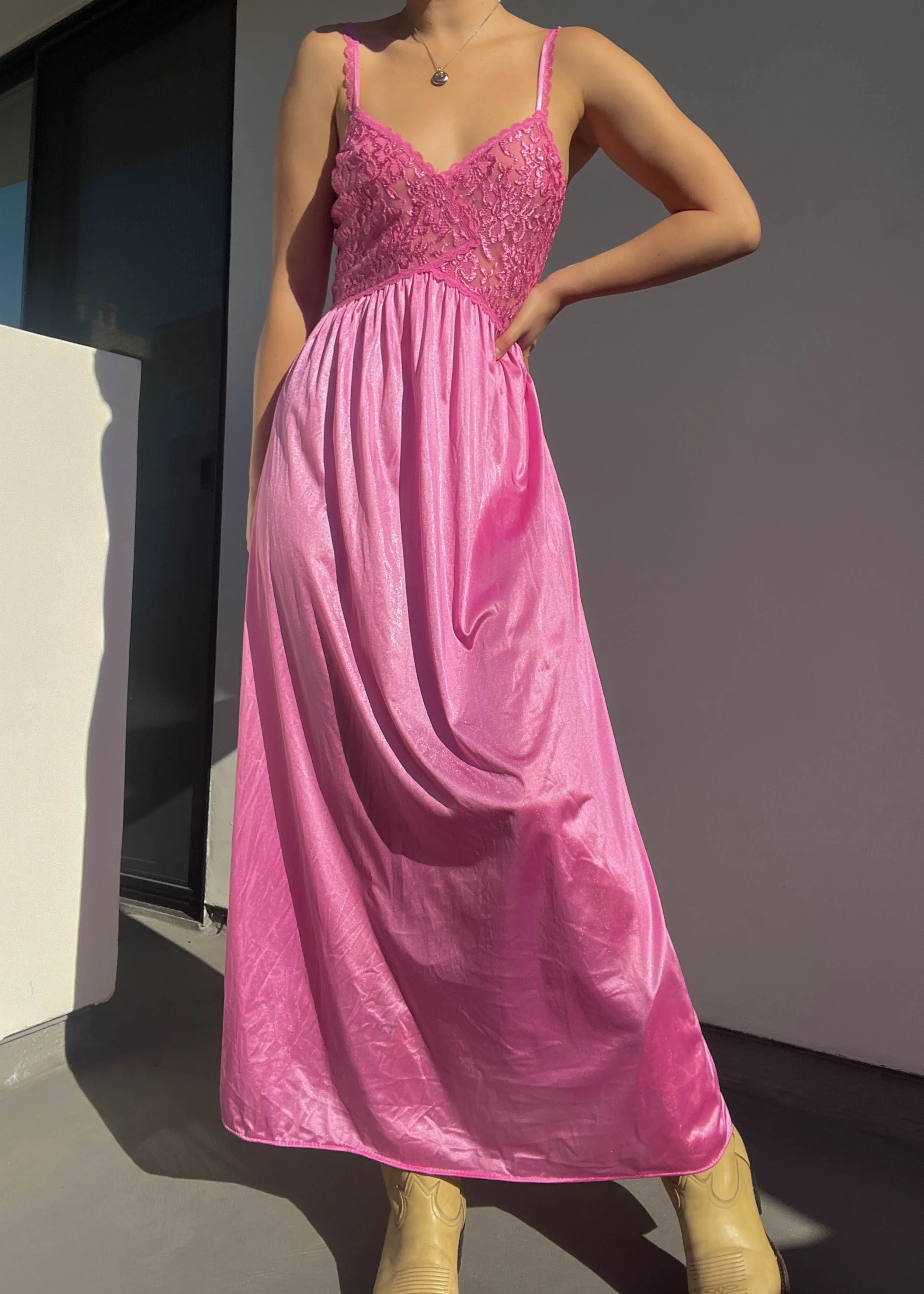 Hot Pink 80's Maxi Slip & Robe (S)